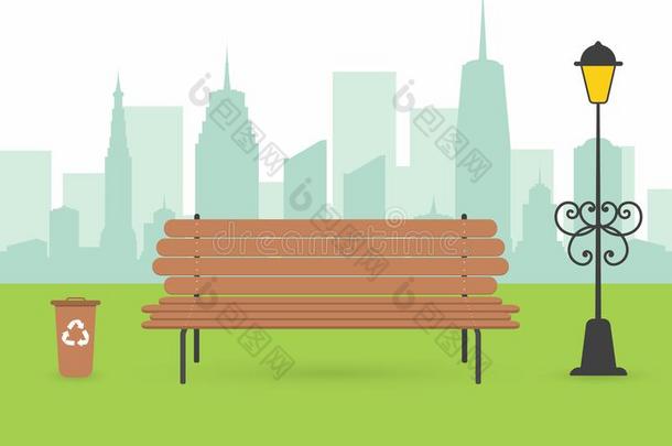 城市公园地点.木制的长凳和大茶壶和灯笼.城市剪影