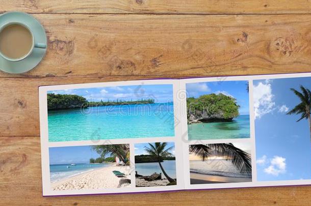 横幅相片本相册和旅行照片向木制的表后座议员