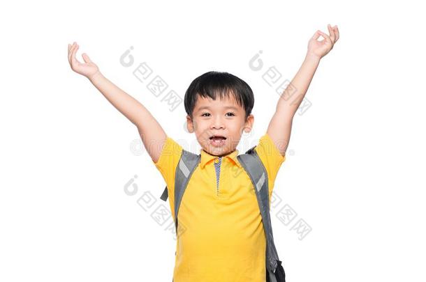 年幼的亚洲人男孩微笑手势手准备好的向学校