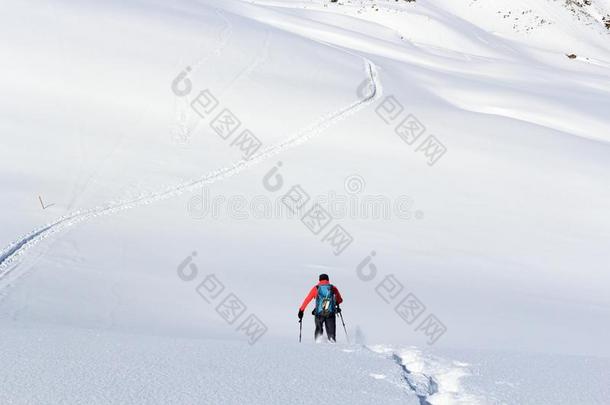 男人徒步旅行向雪鞋和山雪全景画采用吐司高山