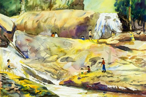 水彩风景绘画富有色彩的关于瀑布