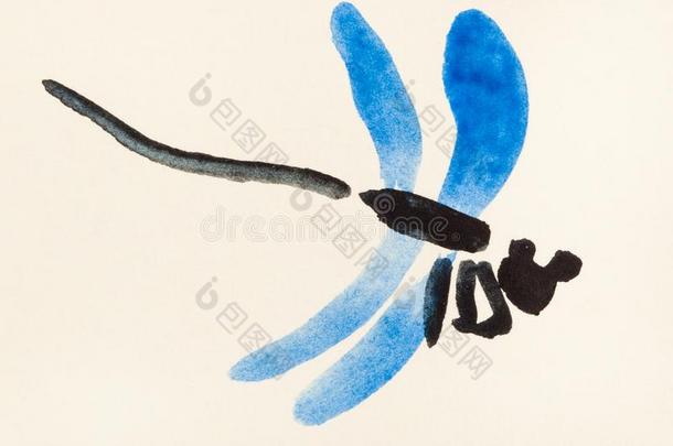 飞行的蜻蜓和蓝色飞行章向有色的纸
