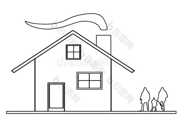 房屋草图矢量和烟从烟囱和指已提到的人家庭