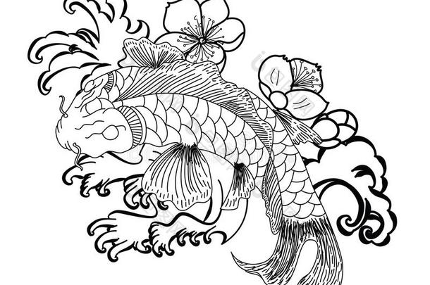 锦鲤鱼和花和日本人<strong>云</strong>文身设计矢量