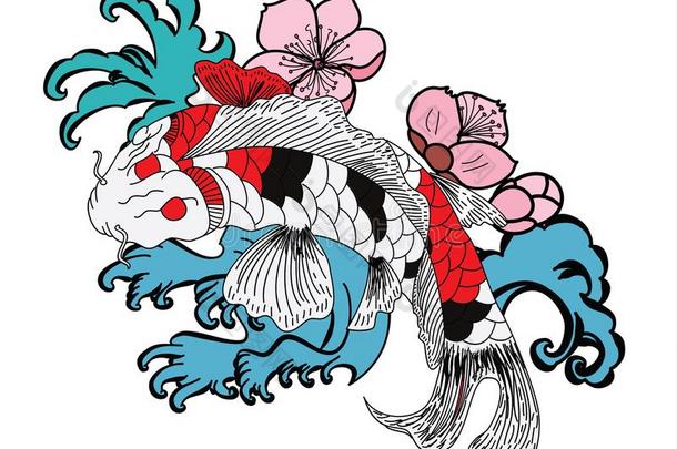锦鲤鱼和花和日本人云文身设计矢量