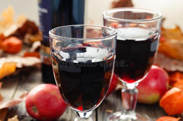 两个玻璃关于红色的年幼的葡萄酒后的收割