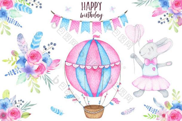 水彩幸福的生日社交聚会放置和<strong>兔子</strong>天空<strong>气球</strong>加拉