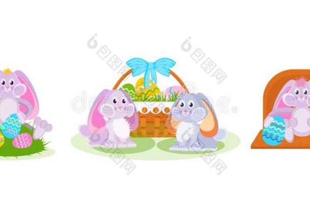 野兔绘画颜料卵和刷子,一副关于野兔在近处篮.