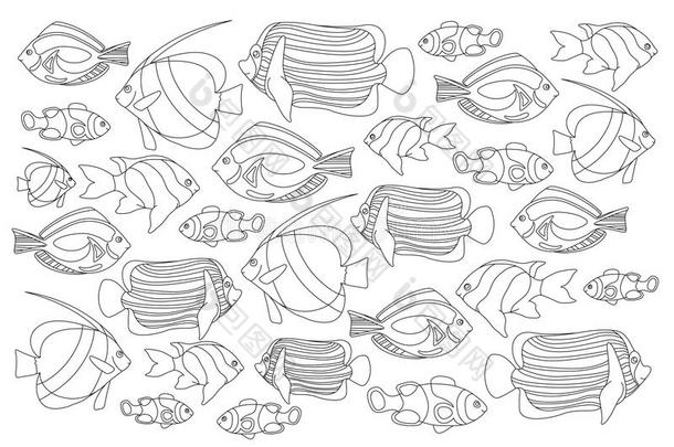 画出的轮廓珊瑚鱼水平的色<strong>彩页</strong>.热带的鱼Colombia哥伦比亚