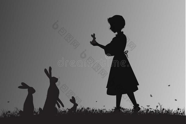 女孩佃户租种的土地小的野兔或兔子野兔向指已提到的人开花草地