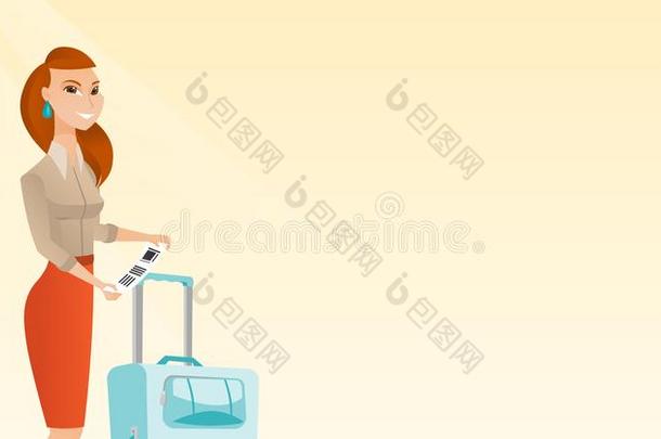 高加索人商业女人展映行李加标签于.