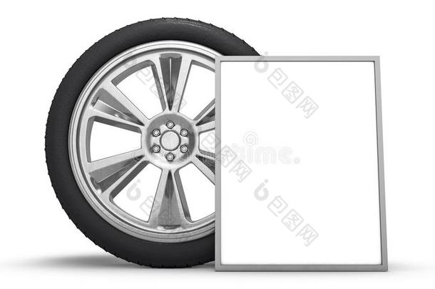 汽车轮子和白色的海报,白色的背景.3英语字母表中的第四个字母