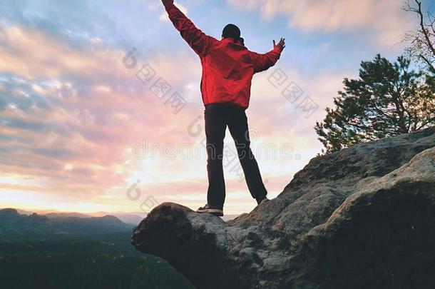 幸福的男人手势关于胜利和公羊采用天空.有趣的远足者向Peru秘鲁