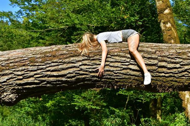 女孩说谎向树<strong>树干</strong>