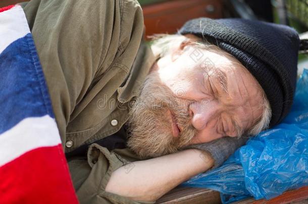 关在上面肖像关于无家可归的男人睡眠向长凳采用城市公园