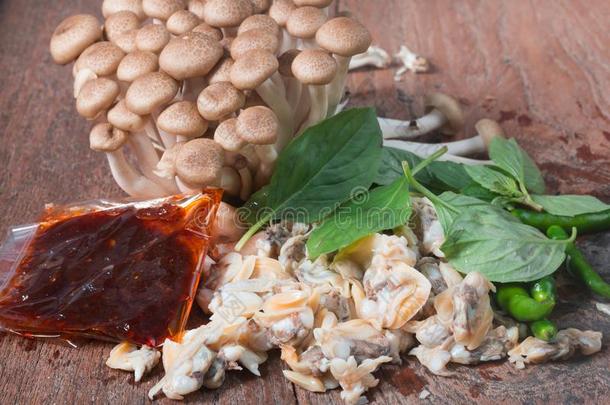 新鲜的鸟蛤壳从指已提到的人海关于泰国和石米奇蘑菇