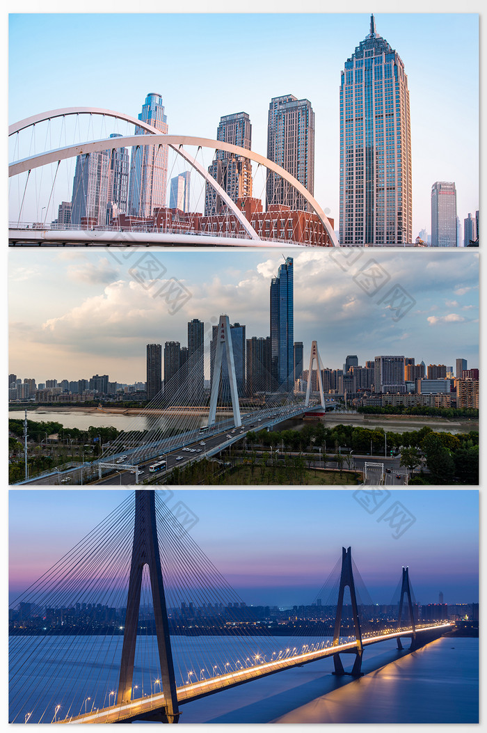 蓝色城市中河流上的大桥调摄影图