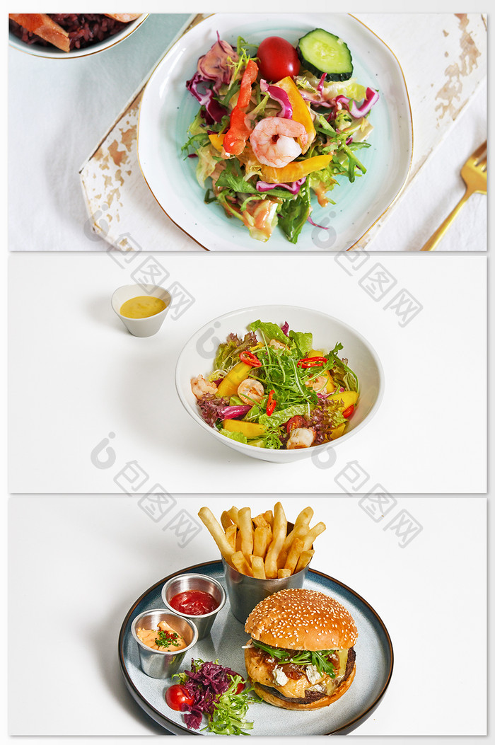 餐桌上健康美食沙拉青菜肉西红柿摄影背景图