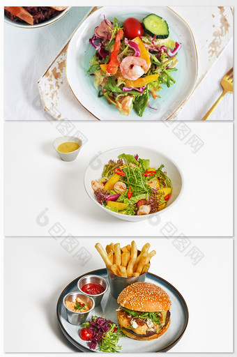 餐桌上健康美食沙拉青菜肉西红柿摄影背景图图片