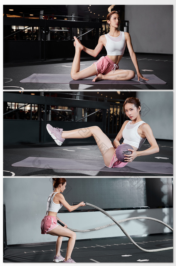 健身房健身男人女人下蹲肌肉健康摄影背景图