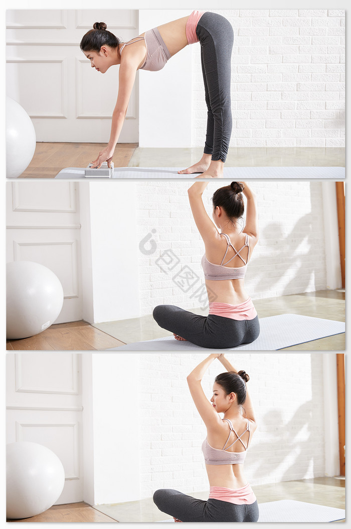 傍晚女人做瑜伽健康锻炼保养身材摄影背景图图片