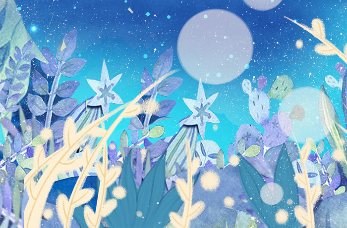 蓝色梦幻唯美森林手绘植物大海夜晚星空晚安
