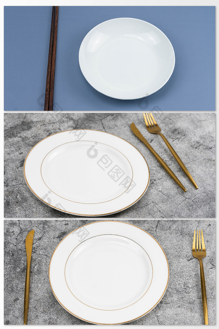 木质餐桌光盘行动刀叉餐具空盘蔬菜摄影背景