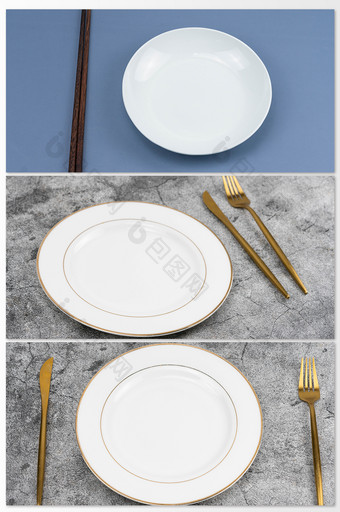 木质餐桌光盘行动刀叉餐具空盘蔬菜摄影背景图片