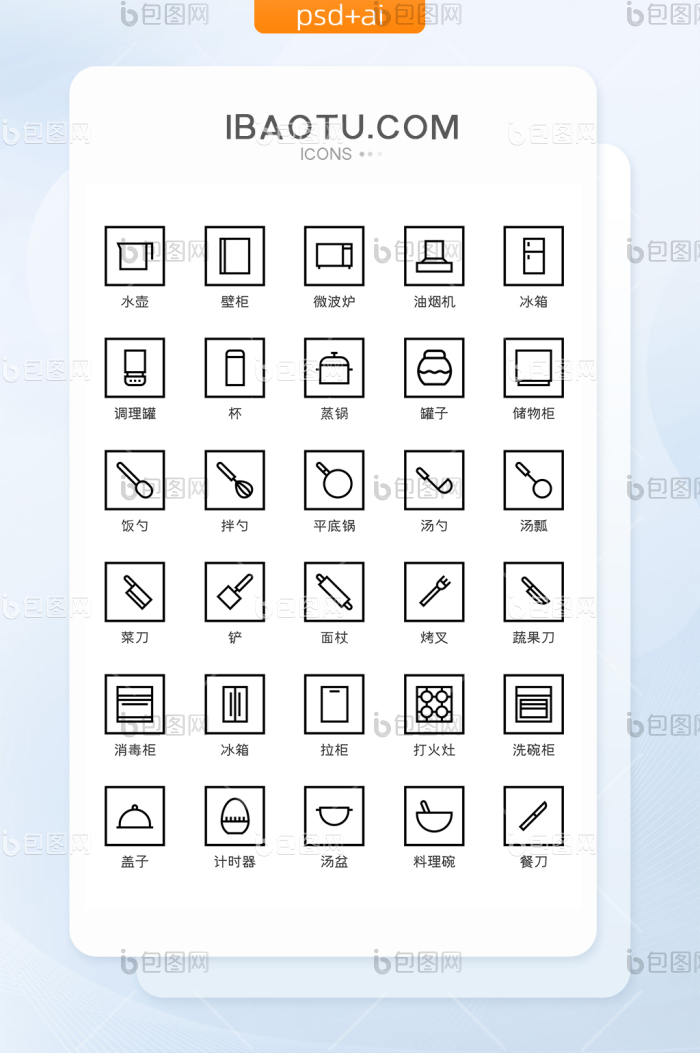 简约线条厨房器具主题矢量icon图标-包图网