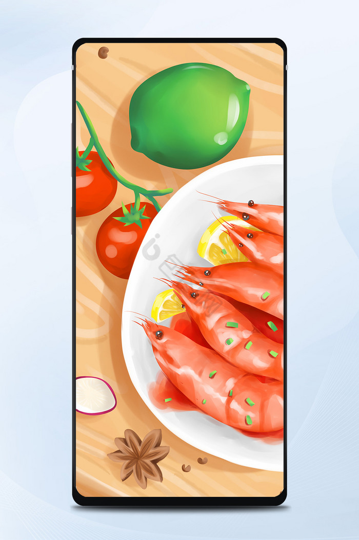 清新鲜亮美食手绘插画青柠爆汁虾手机壁纸图片