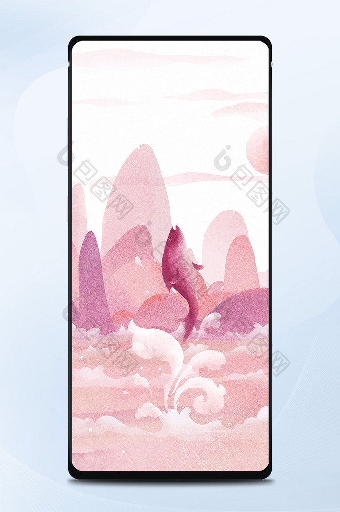 唯美清新粉色励志鱼破水而出插画手机壁纸