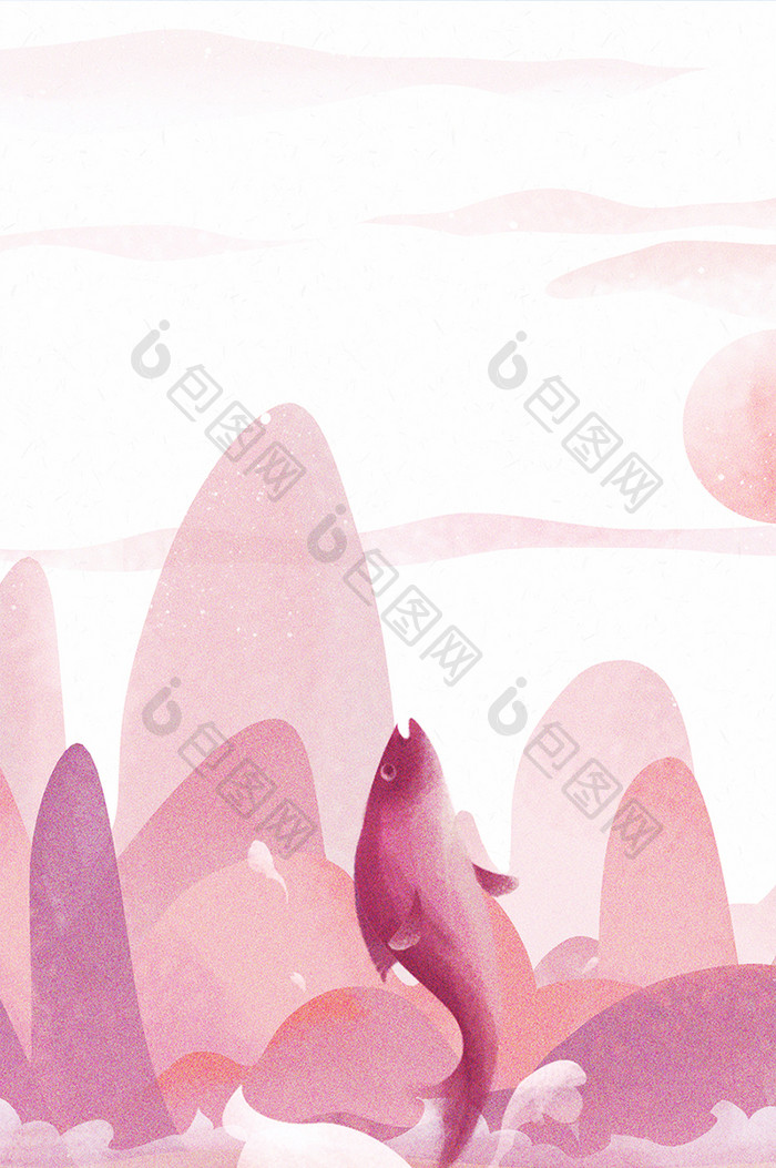 唯美清新粉色励志鱼破水而出插画手机壁纸