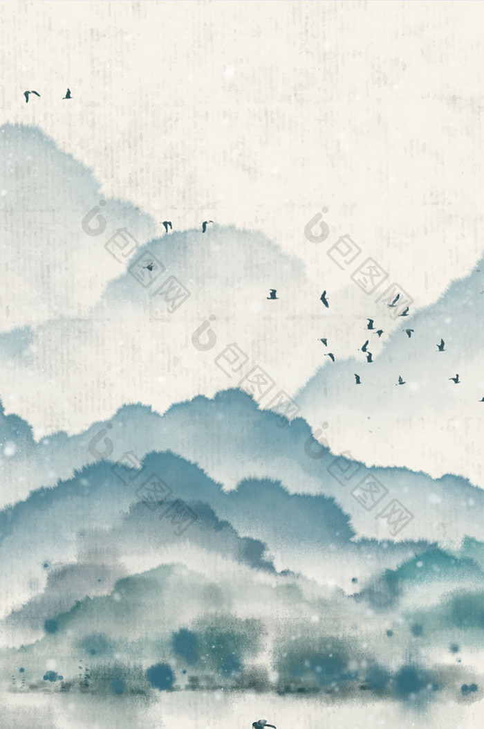 蓝色水墨江畔行人中国风插画手机壁纸