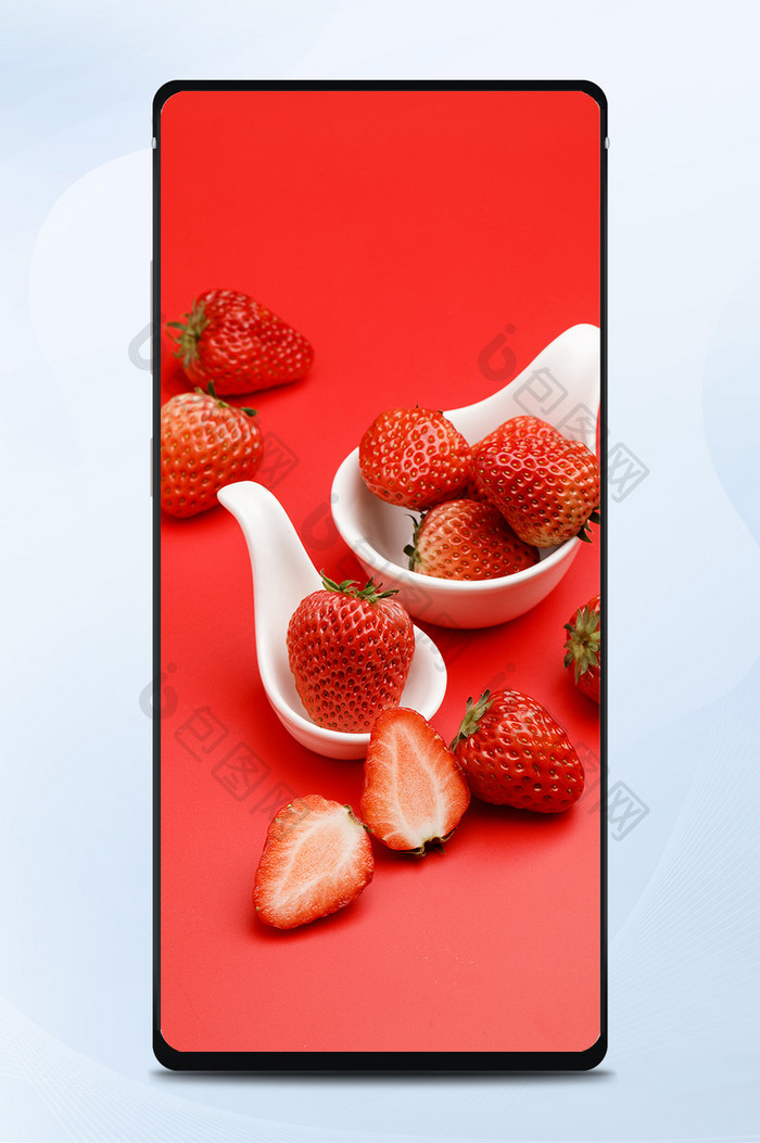 红色草莓瓷器创意场景俯视摄影图片手机壁纸