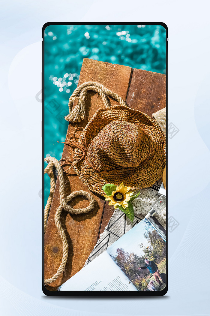 夏天蔚蓝色大海边阳光度假草帽杂志手机壁纸