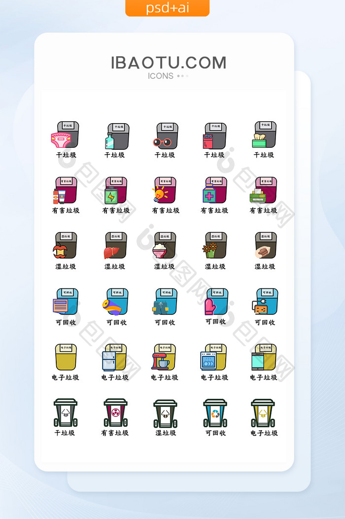 彩色扁平化矢量垃圾分类icon图标