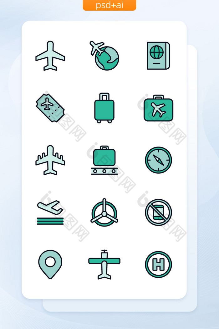 绿色线性填充航空运输图标集图片图片