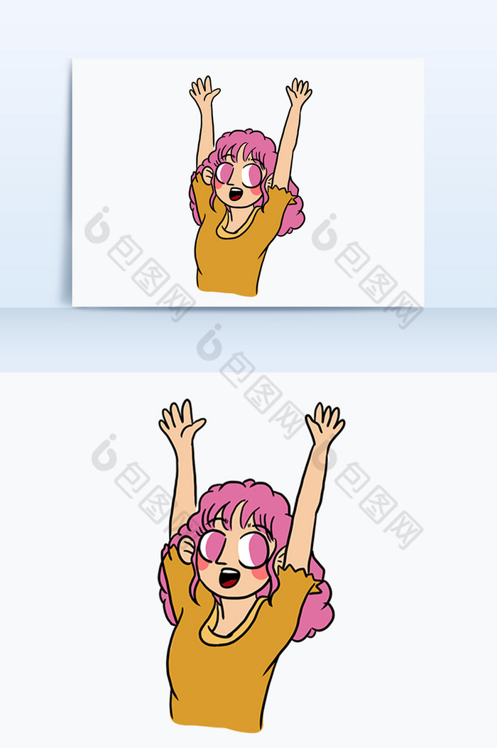 手绘风粉色头发女孩双手挥舞开心表情包配图图片图片