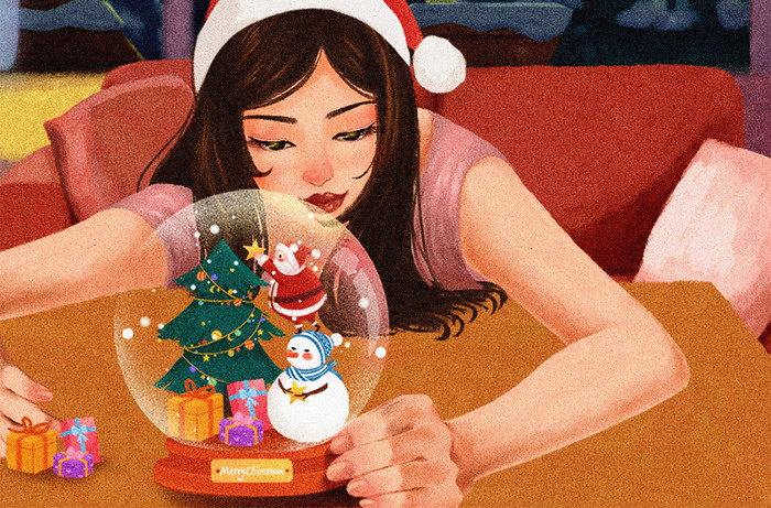圣诞节窗台女孩水晶球圣诞树手机壁纸海报