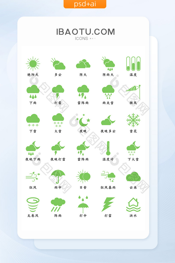 绿色清新扁平化自然天气矢量icon图标