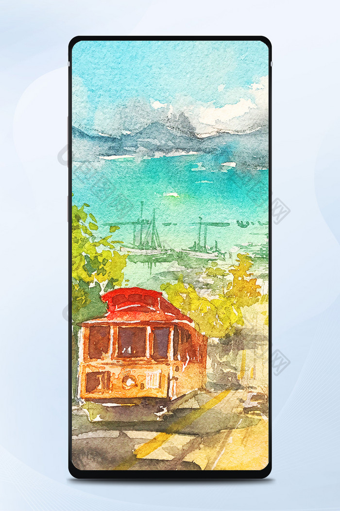 清新暖色调夏日公路海景水彩手绘手机壁纸