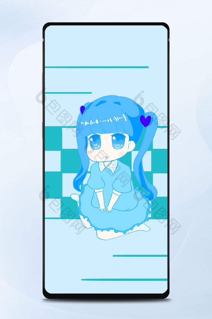 蓝色可爱q版卡通双马尾二次元女孩手机壁纸
