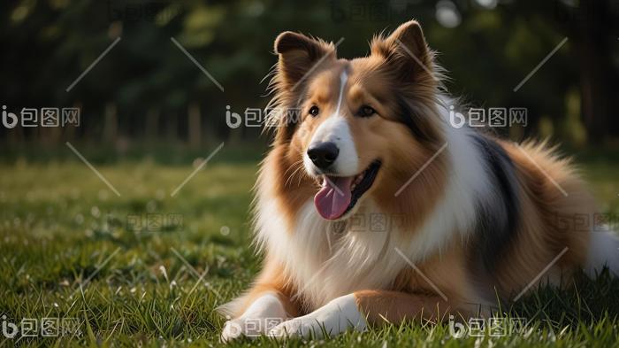 一只快乐的粗毛牧羊犬躺在草地上图片-包图网