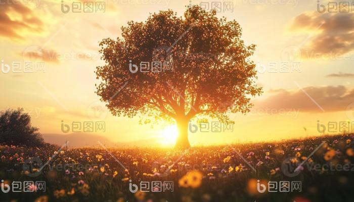 金色夕阳天空的树影风景秀丽自然光绚丽图片-包图网