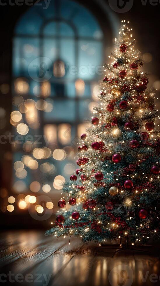 节日气氛浓厚装饰精美的圣诞树上挂满了灯光