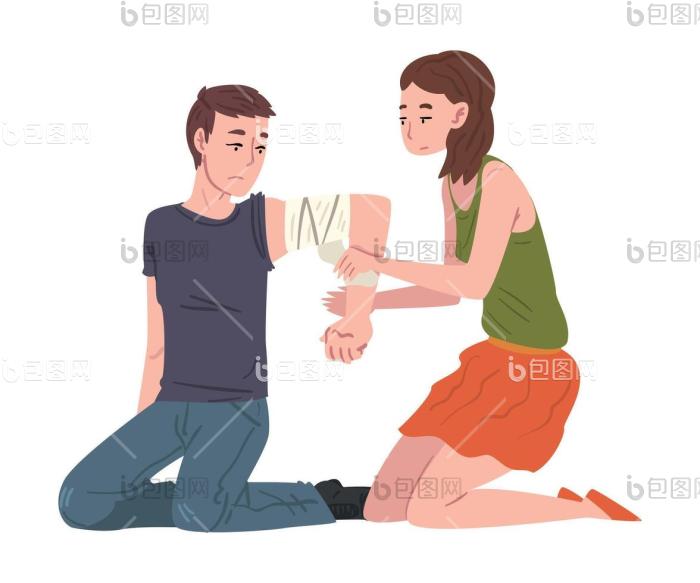 女孩包扎受伤男子的手臂年轻女子帮助受伤男png下载-包图网