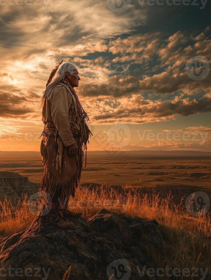 日落时分身着传统服饰的土著男子站在岩石上