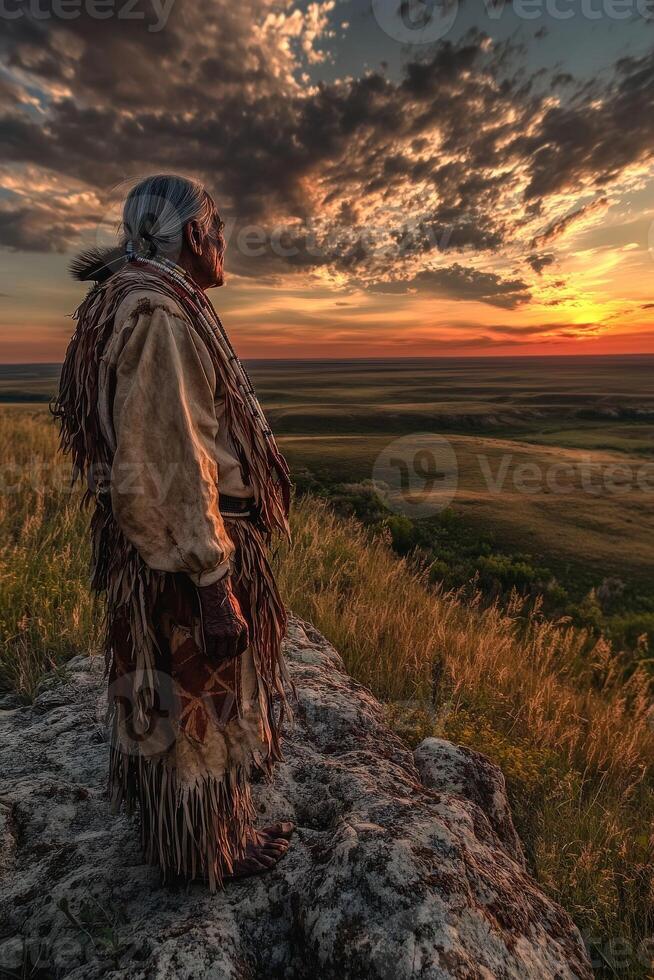 日落时分在广阔的风景中长者站在岩石上