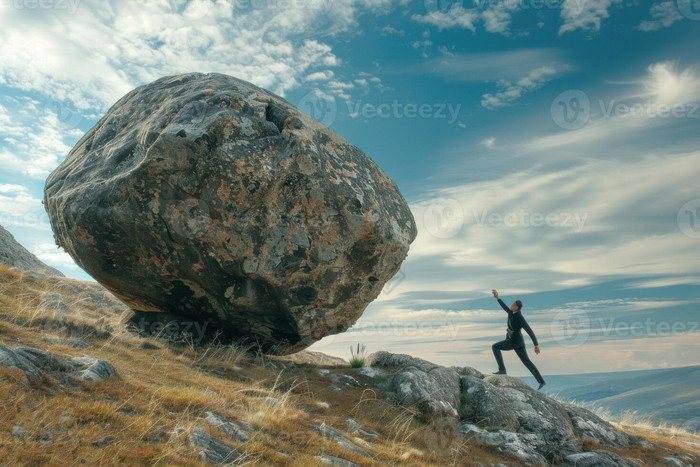 一名男子站在一块大石头顶上