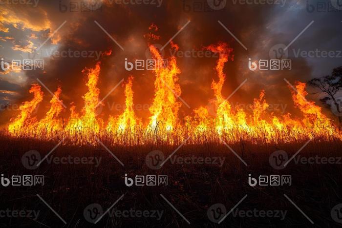 自然景观中猛烈的野火与戏剧性的天空图片-包图网